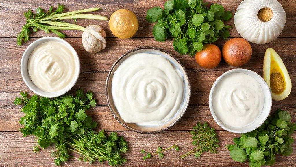 Visão de cima com os ingredientes da receita organizados em uma bancada de madeira