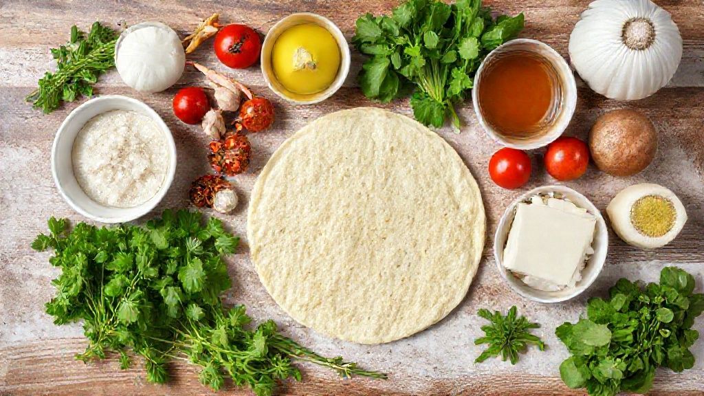 Visão de cima com ovos, farelo de aveia, iogurte e demais ingredientes organizados sobre bancada de madeira