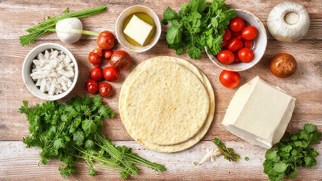 Ingredientes organizados em bancada de madeira — ovos, leite, farinha, óleo, sal e utensílios de cozinha