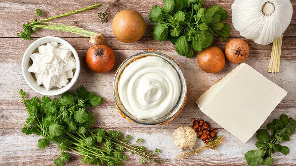 Ingredientes da receita organizados em uma bancada de madeira, vistos de cima.