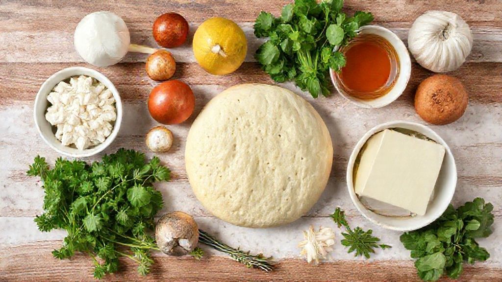 Visão de cima com farinha, fermento, ovo e óleo dispostos em uma bancada de madeira