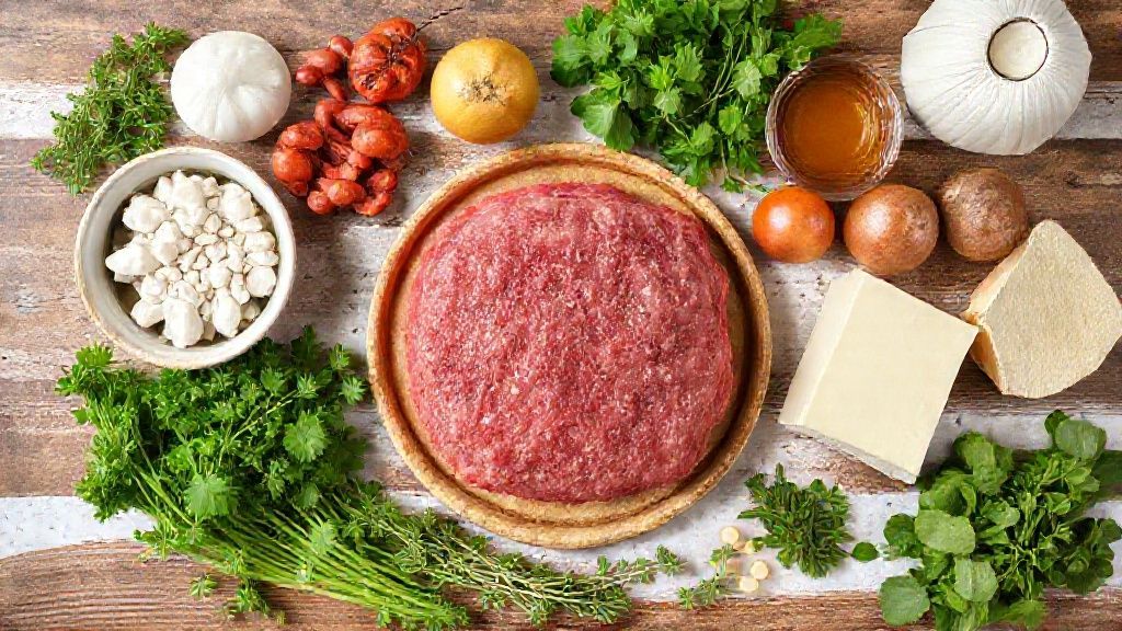 Visão de cima com os ingredientes da receita organizados em uma bancada