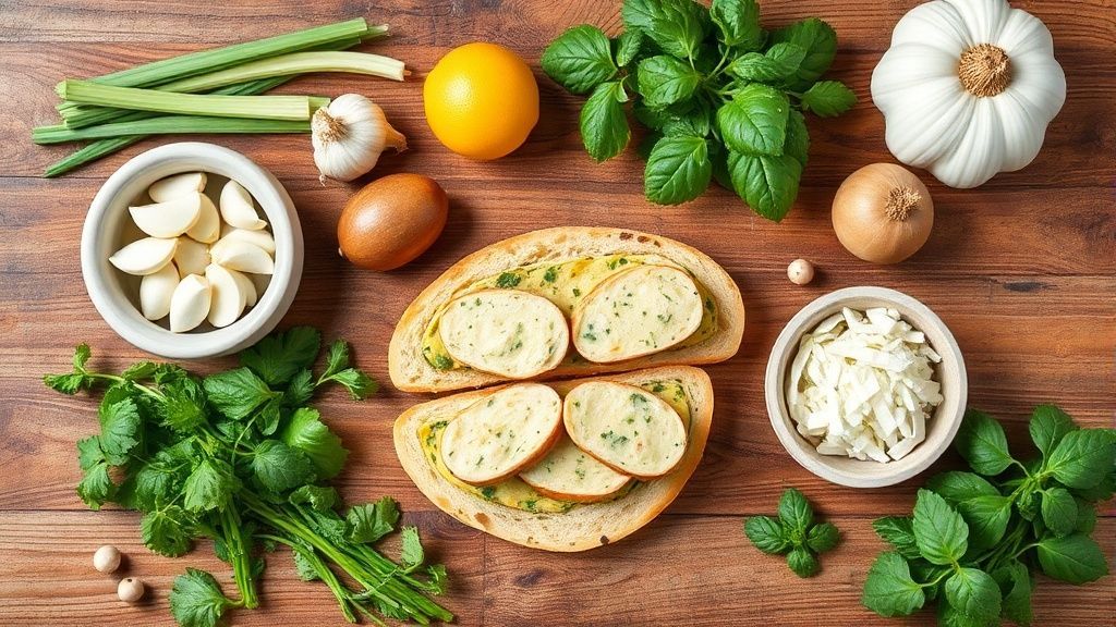 Visão de cima dos ingredientes do pão de alho organisados sobre uma bancada de madeira rústica