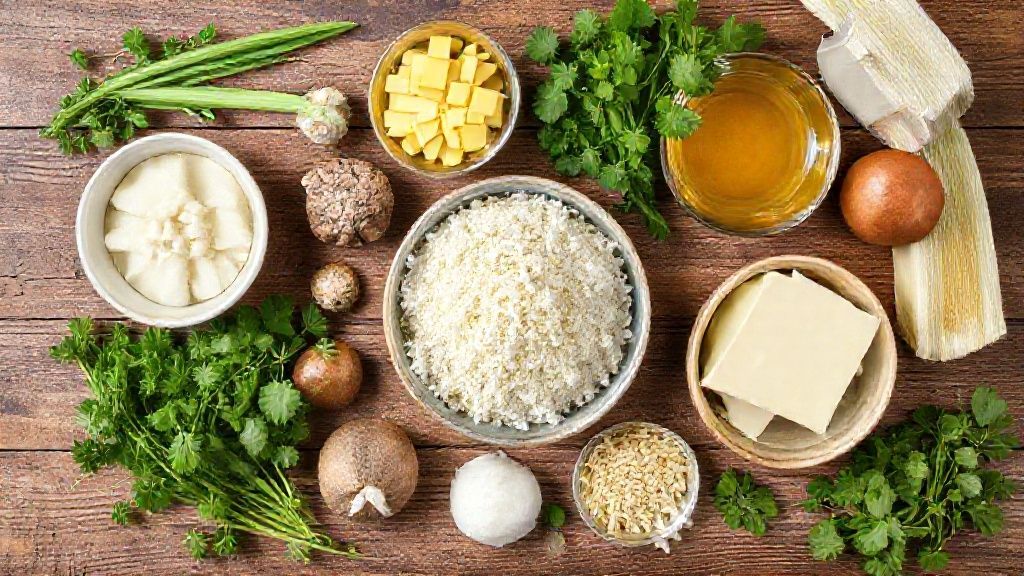 Visão de cima mostrando fubá, polvilho, amido, fermento e óleo organizados em potes sobre bancada rústica.