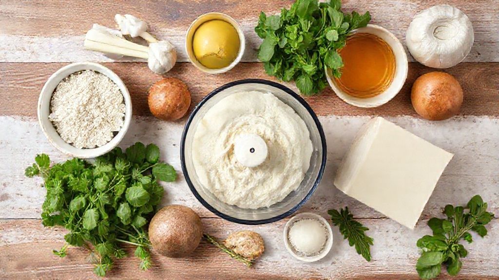 Ingredientes medidos e organizados sobre bancada de madeira: farinha, leite, ovos e fermento