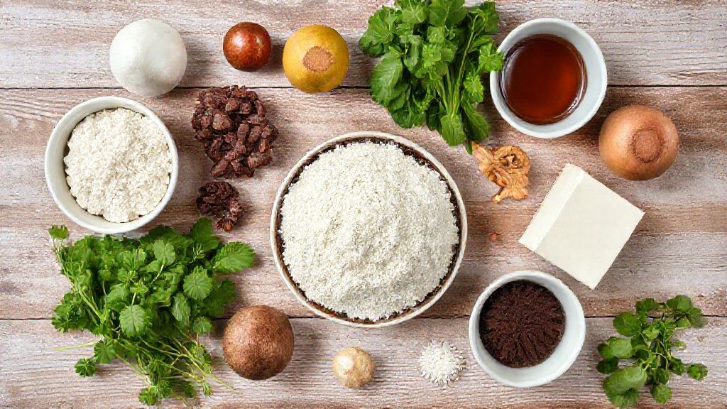 Visão de cima dos ingredientes separados em potes sobre bancada de madeira rústica