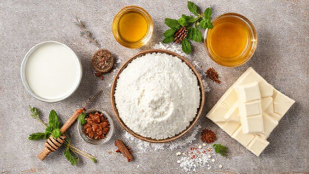 Ingredientes como mel, farinha, especiarias e chocolate branco organizados sobre uma bancada de madeira.