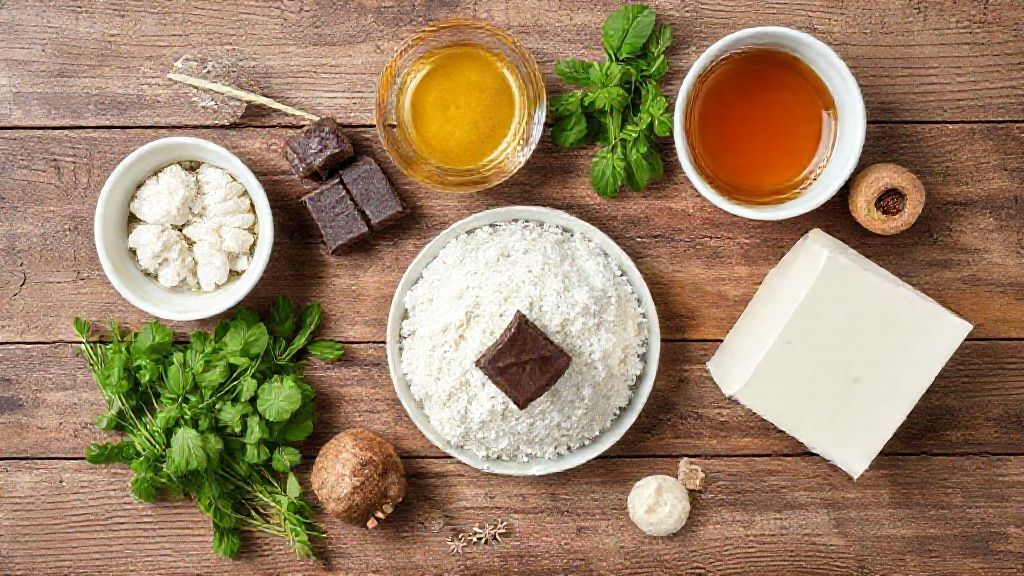 Visão de cima com os ingredientes da receita organizados em uma bancada de madeira