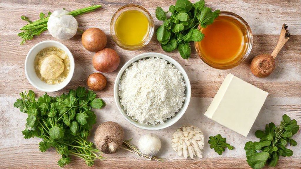 Visão de cima mostrando farinha, cacau, mel, leite e especiarias dispostos sobre uma bancada rústica