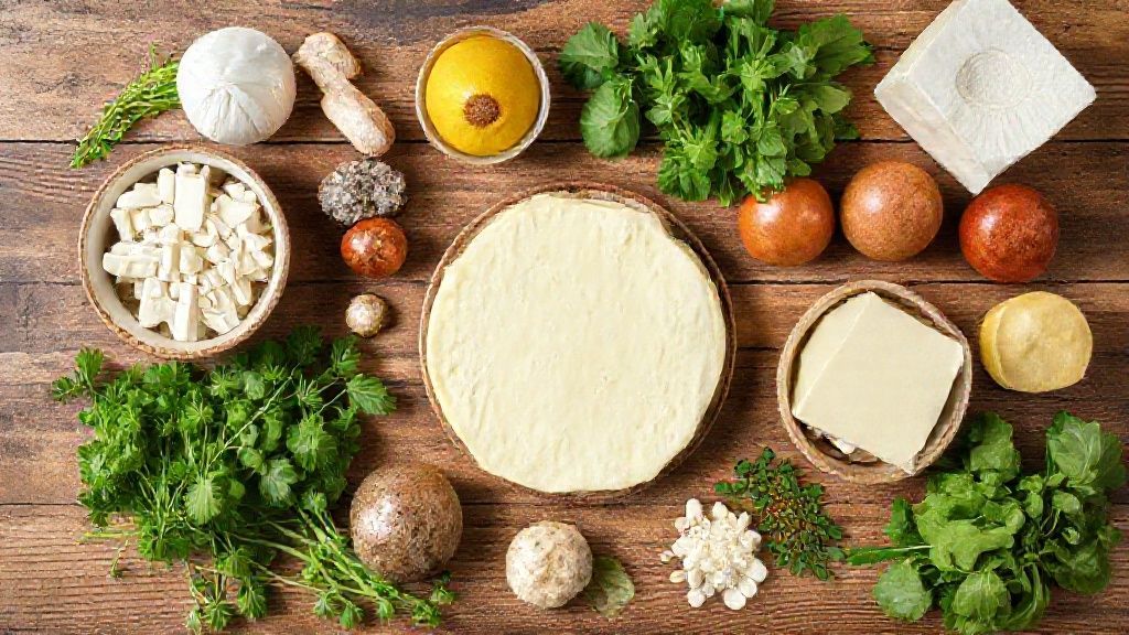 Visão de cima com polvilho, ovos, queijos e leite organizados sobre bancada de madeira