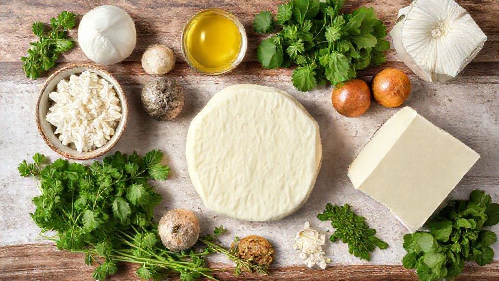 Visão de cima dos ingredientes organizados na bancada: polvilho, queijos, ovos e leite.