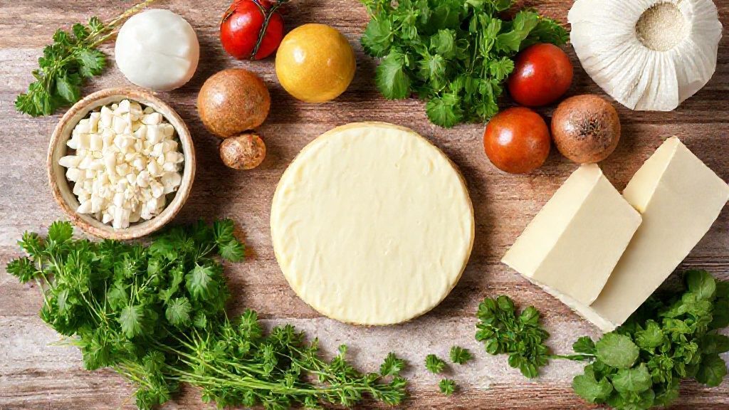 Ingredientes dispostos sobre bancada: polvilho, leite, ovos e queijos ralados