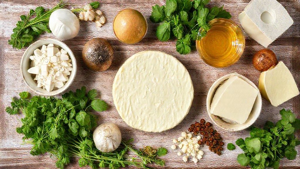 Visão de cima dos ingredientes medidos e organizados em uma bancada de cozinha