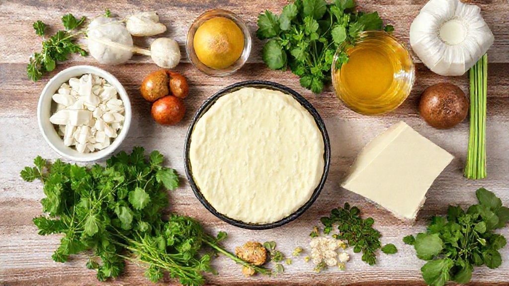 Visão de cima com ovos, queijo ralado, goma de tapioca e fermento dispostos em uma bancada.