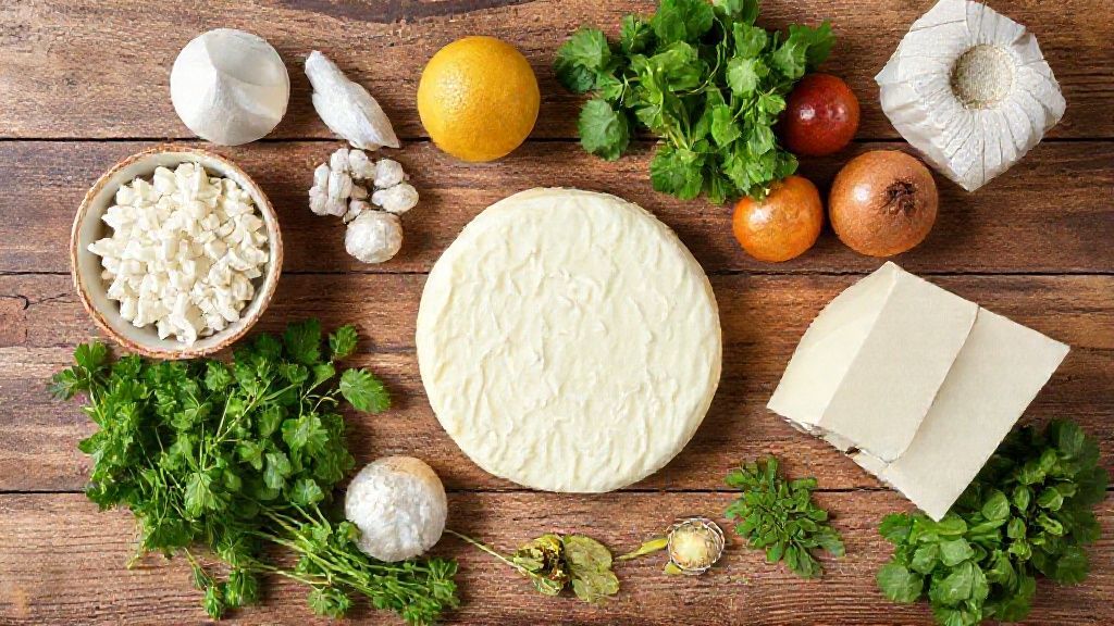 Visão de cima com os ingredientes da receita organizados em uma bancada de madeira rústica