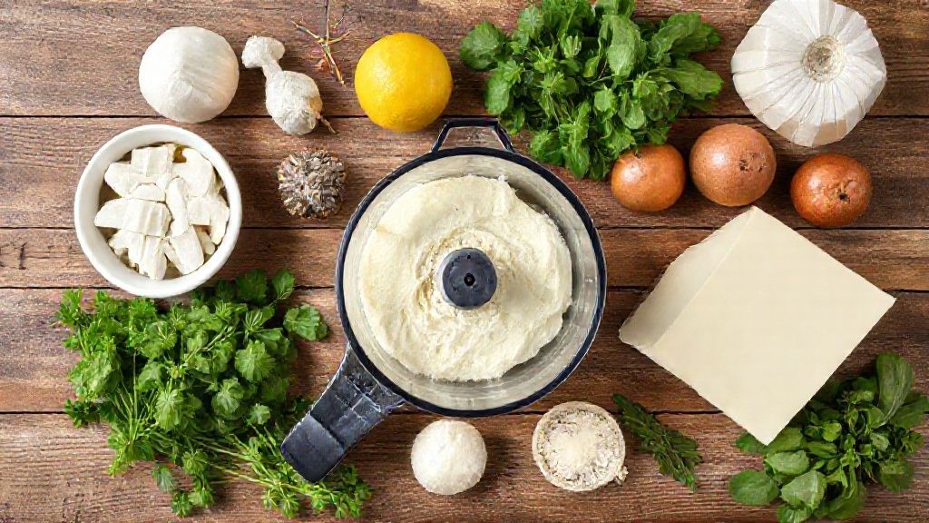 Vista de cima dos ingredientes medidos e dispostos sobre uma bancada de madeira.
