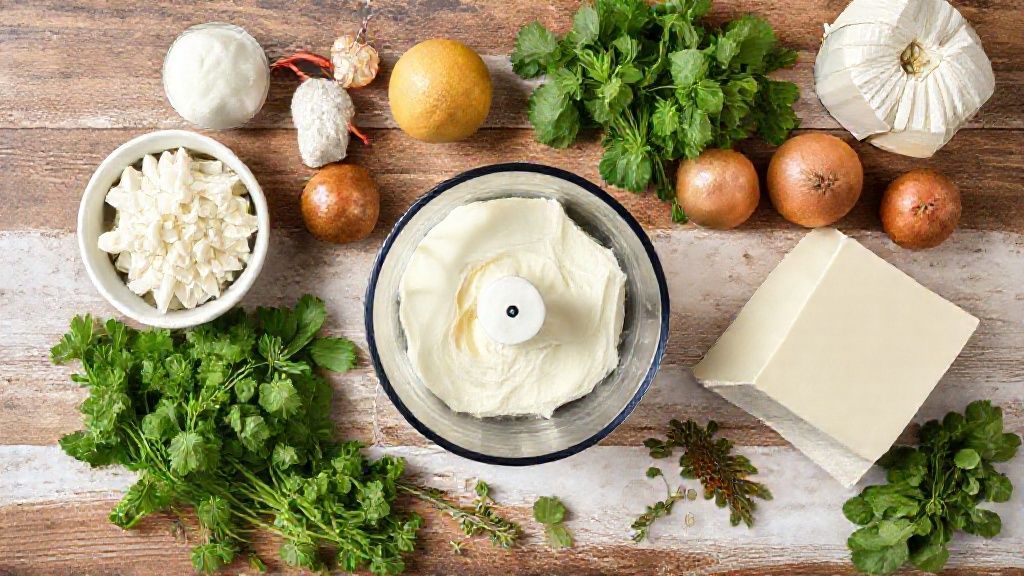 Visão de cima com polvilho, ovos, queijos ralados e leite dispostos em tigelas sobre bancada de madeira