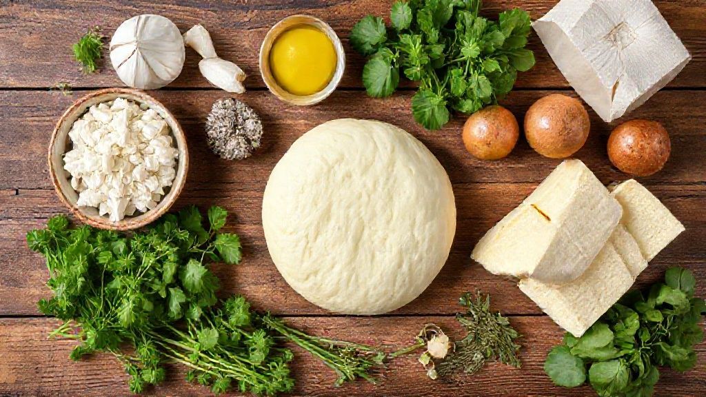 Ingredientes do pão de queijo arrumados sobre tábua de madeira — queijos, ovos, polvilho e leite