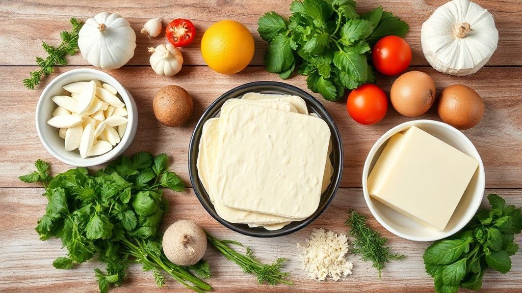 Visão de cima com os ingredientes da receita organizados em uma bancada