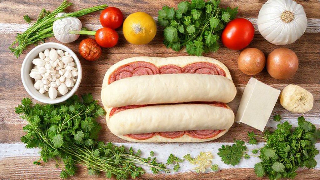 Visão de cima com farinha, calabresa, queijo, ovos e manteiga organizados em uma bancada rústica