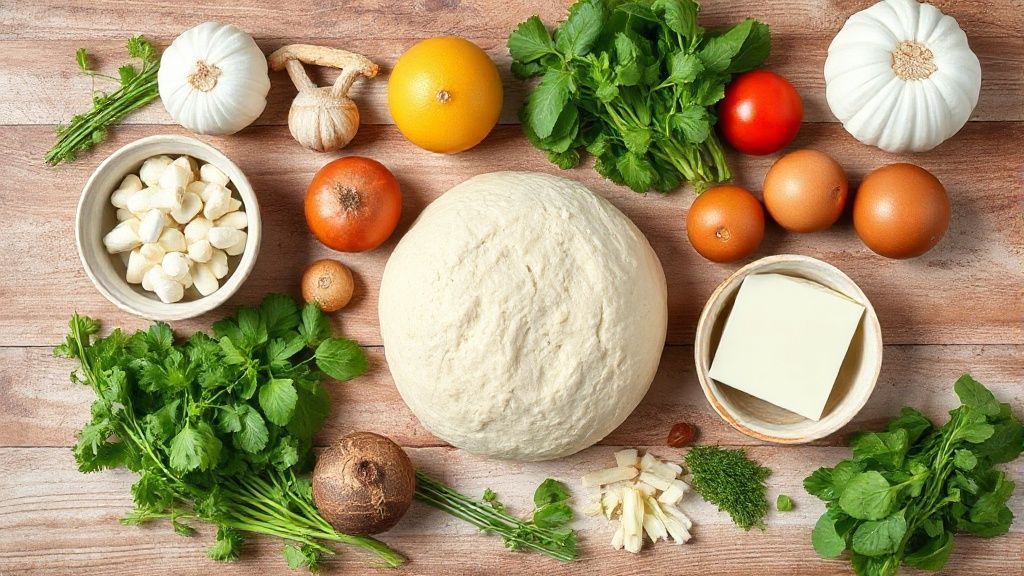 Ingredientes do pão sem sovar organizados em bancada de madeira — ovos, farinha, fermento, óleo e leite morno.