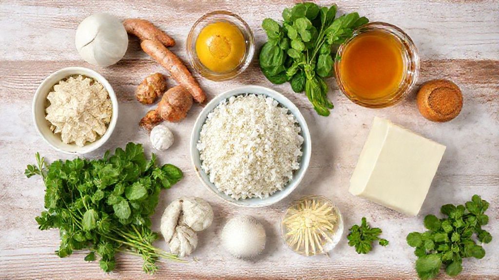 Visão de cima dos ingredientes organizados em bancada rústica: farinha, ovos, leite, baunilha e coco ralado.