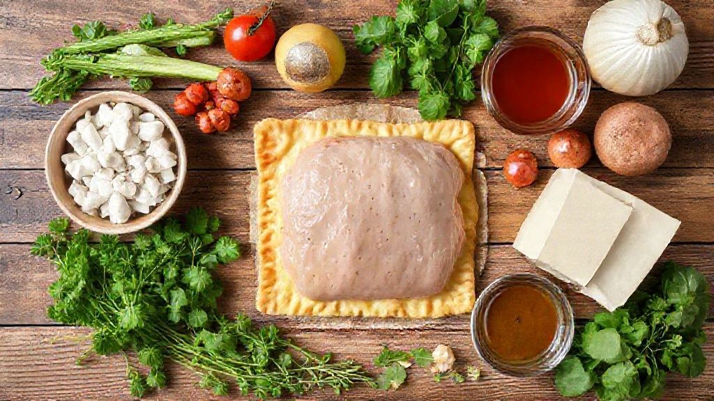 Ingredientes separados e organizados para fazer a massa e o recheio do pastel assado