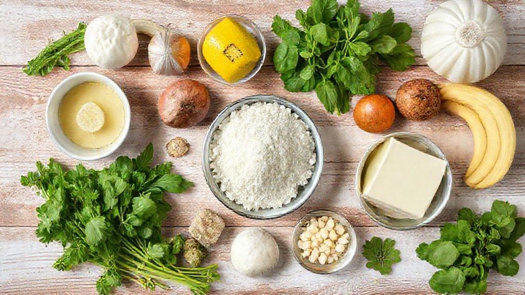 Visão de cima com bananas maduras, ovo, muçarela e canela organizados em uma bancada rústica