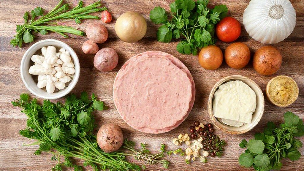 Ingredientes frescos organizados sobre bancada de madeira rústica, incluindo fígado, manteiga e especiarias