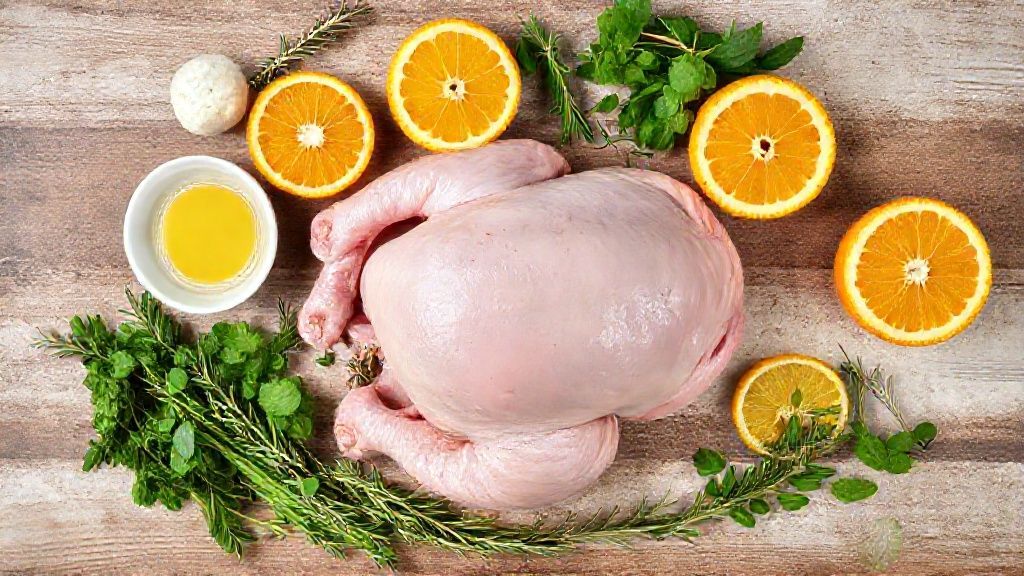 Ingredientes dispostos sobre bancada — pato cru, laranjas, alecrim, alho, vinho branco e temperos prontos para a marinada