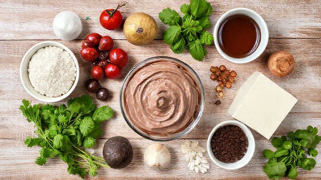 Visão de cima com os ingredientes do pavê organizados sobre uma bancada — biscoitos, chocolate, nata e leite condensado