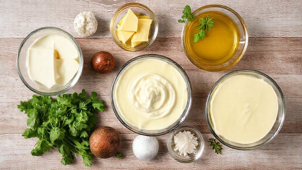 Visão de cima dos ingredientes organizados — leite condensado, abacaxi em cubos, doce de leite, biscoitos maisena, leite e chantilly.
