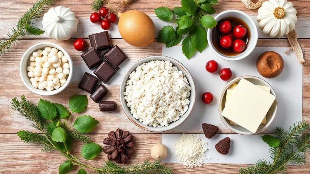 Vista de cima com todos os ingredientes organizados: leite, chocolate, Bis, cacau e leite condensado sobre uma bancada rústica