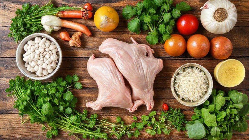 Visão de cima mostrando os pés de frango e temperos organizados sobre uma mesa de madeira rústica.