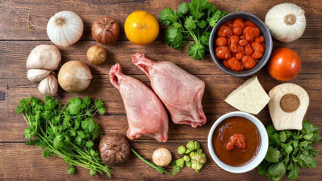 Ingredientes frescos — pés de porco, rabada, temperos, legumes e especiarias — organizados sobre uma bancada de madeira