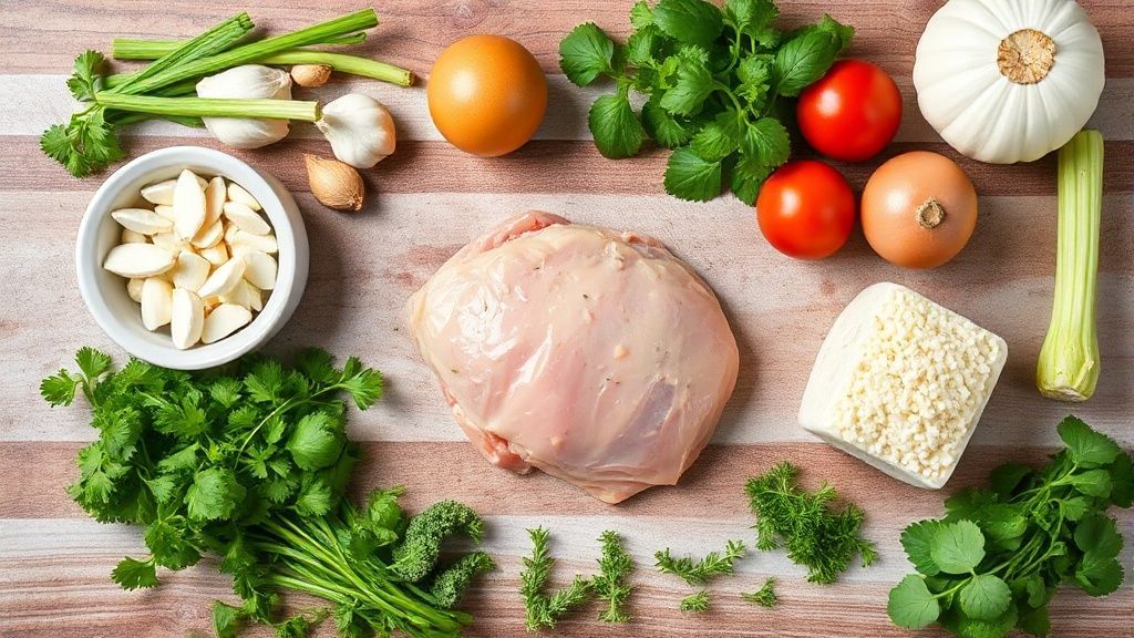 Visão de cima com peitos de frango, queijos, ovos, farinhas e molho organizados em uma bancada de cozinha.