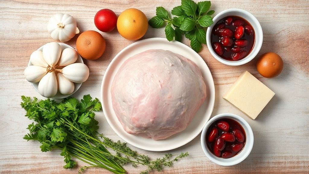 Visão de cima com peito de peru cru, cranberries, ervas, vinho, manteiga e alho organizados sobre bancada de cozinha