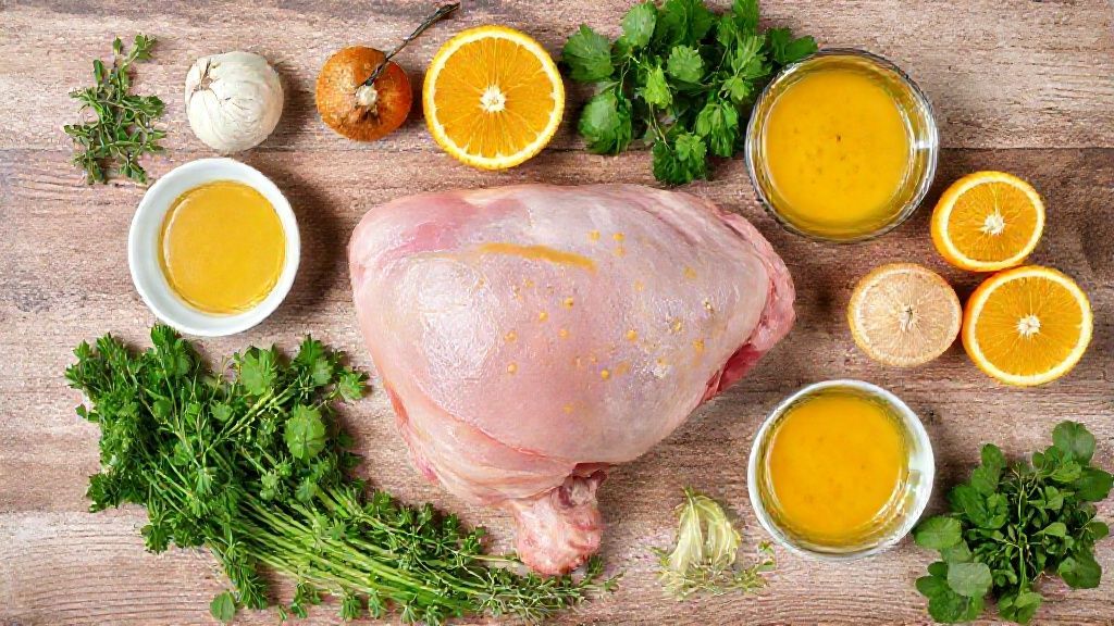 Ingredientes frescos do pernil de porco ao molho de laranja e mostarda organizados sobre bancada de madeira rústica.