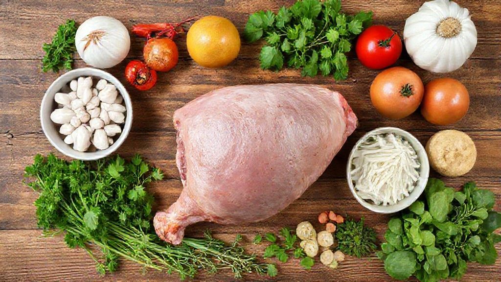 Visão de cima com pernil cru, temperos, frutas secas, nozes e temperos organizados sobre uma bancada rústica