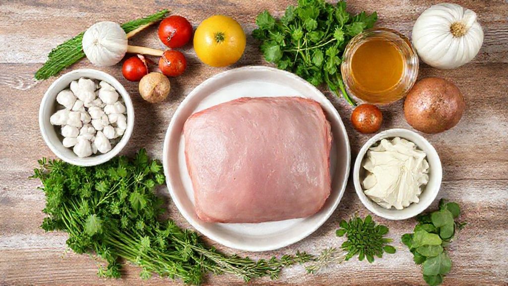 Visão de cima com os ingredientes da receita organizados em uma bancada