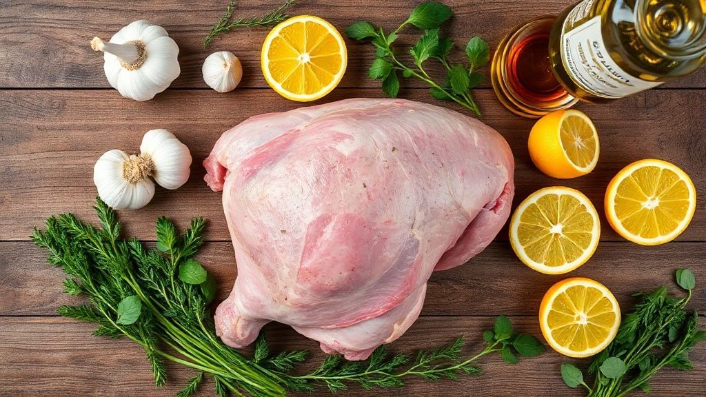 Visão de cima mostrando pernil cru e temperos como alho, ervas, vinho branco e limão dispostos organizadamente em uma bancada