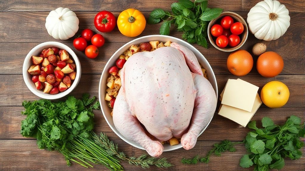 Visão de cima com os ingredientes do peru de Natal e da farofa organizados sobre bancada rústica