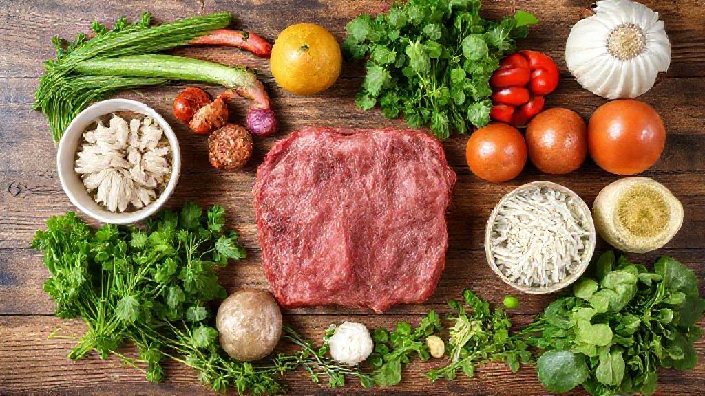 Visão de cima com carne em tiras, bacon, cebola, alho, temperos e molhos dispostos em uma bancada de madeira