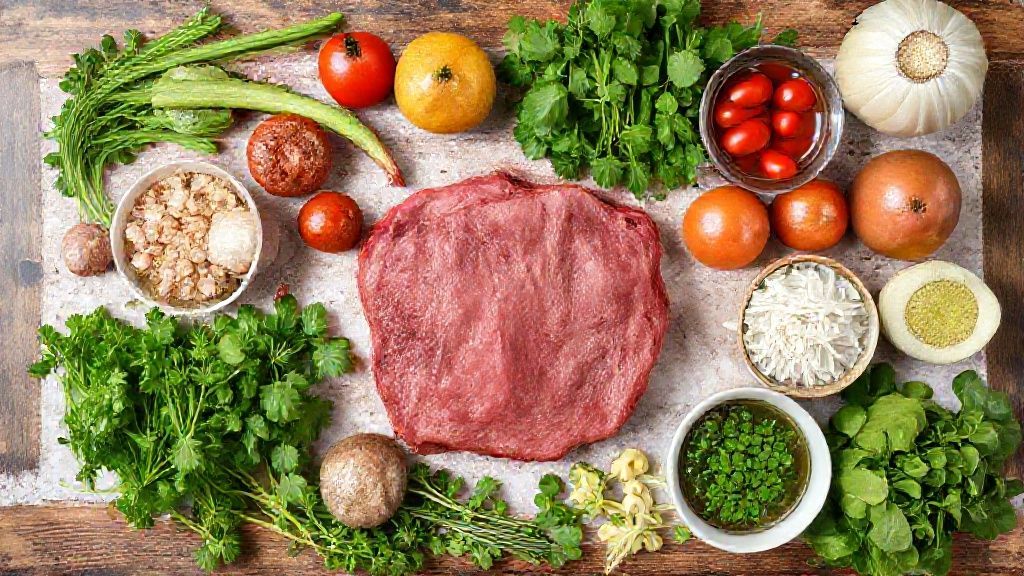 Visão de cima com carne, legumes e temperos organizados sobre uma bancada de cozinha