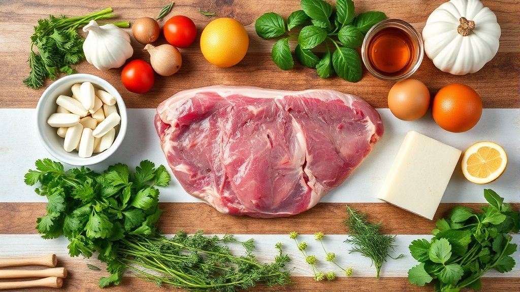 Visão de cima com os ingredientes organizados, como a picanha, temperos, ervas e batatas