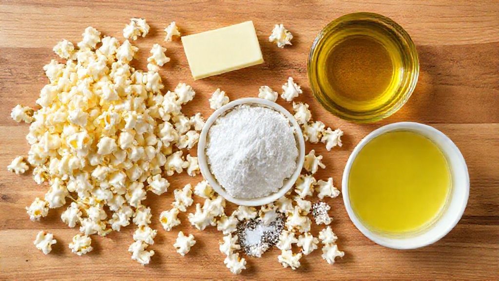 Visão de cima dos ingredientes — milho, manteiga, sal e azeite dispostos em bancadas rústicas