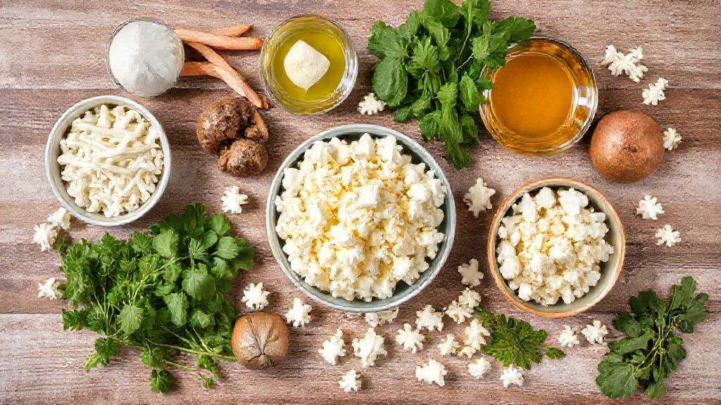 Visão de cima dos ingredientes separados para pipoca gourmet, incluindo milho, açúcar, manteiga e coberturas variadas