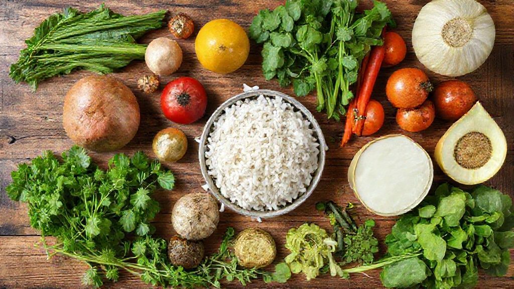 Ingredientes organizados para o pirarucu de casaca, incluindo peixe desfiado, banana-da-terra, leite de coco e farinha de mandioca.