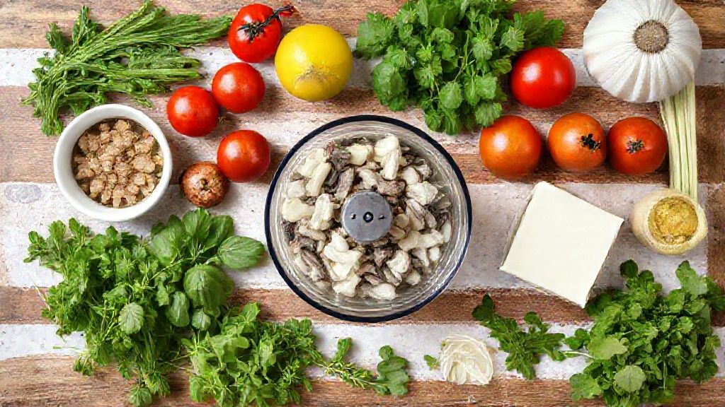 Visão de cima mostrando os ingredientes frescos da pizza de sardinha organizados sobre uma bancada de madeira