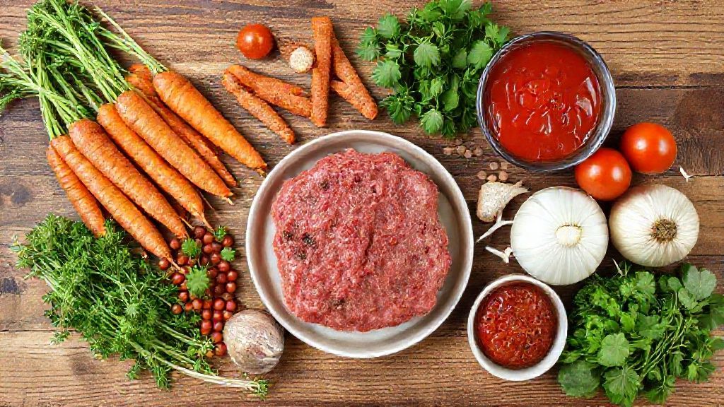 Visão de cima com a carne moída, legumes e temperos organizados em uma bancada de madeira